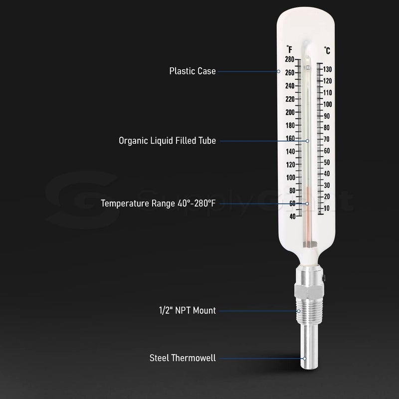 Supply Giant SH67-TT Hot Water Thermometer with Straight Angle Steel Thermowell, 1/2" NPT Mount, 40-280 F, Organic Liquid Filled Tube - Image 5